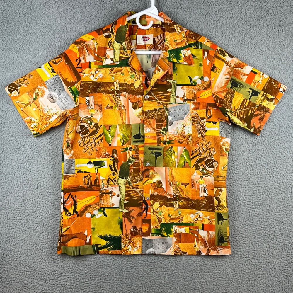 Vintage Pomare Hawaii Golf Collage Print Shirt Mens Large Orange 70s Camp Shirt
